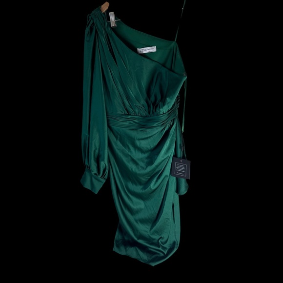Ieena X Mac Duggal NWT Emerald Satin One Sleeved Cocktail Dress Sz 10 - Picture 3 of 13